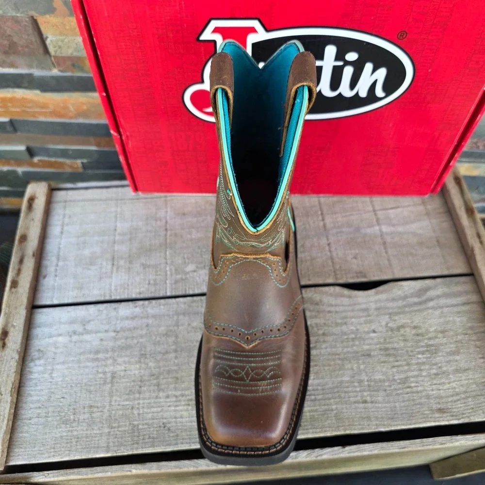 Justin Mandra Chocolate Water Buffalo Wide Square Toe Boots Size 6.5 B GY9624 - Picture 11 of 16